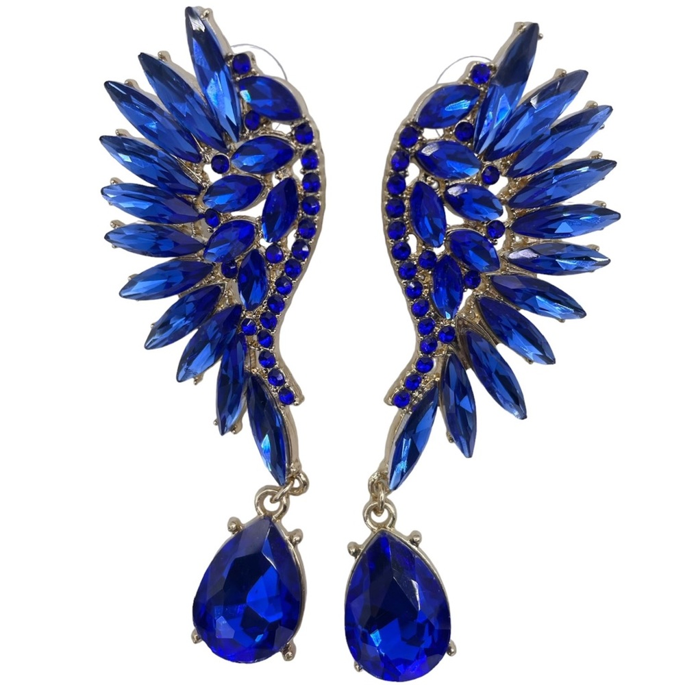 NOIR rhinestone glass wings with teardrop blue earrings- New